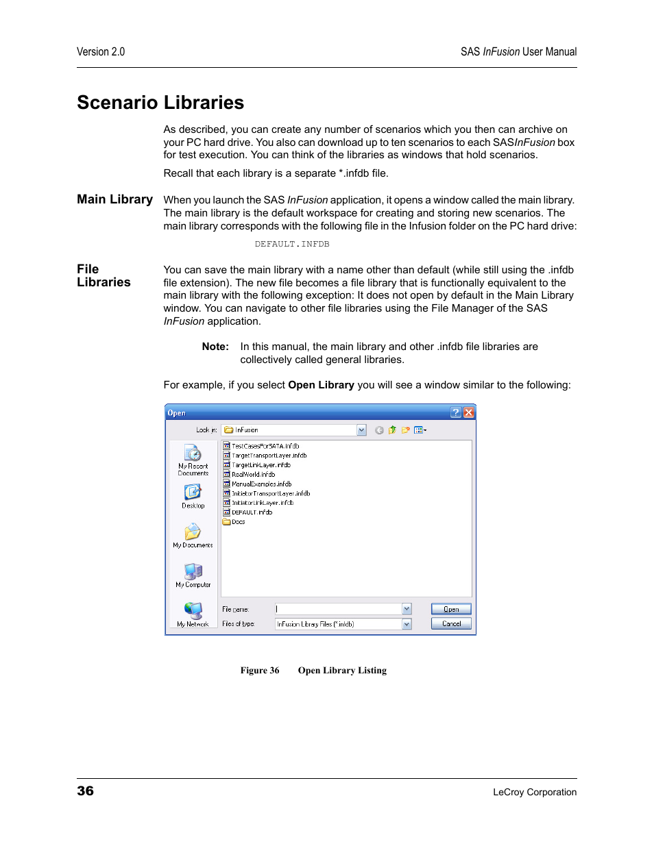 Scenario libraries, Main library, File libraries | Main library file libraries, Figure 36 open library listing | Teledyne LeCroy SAS_SATA InFusion - Users Manual User Manual | Page 50 / 113
