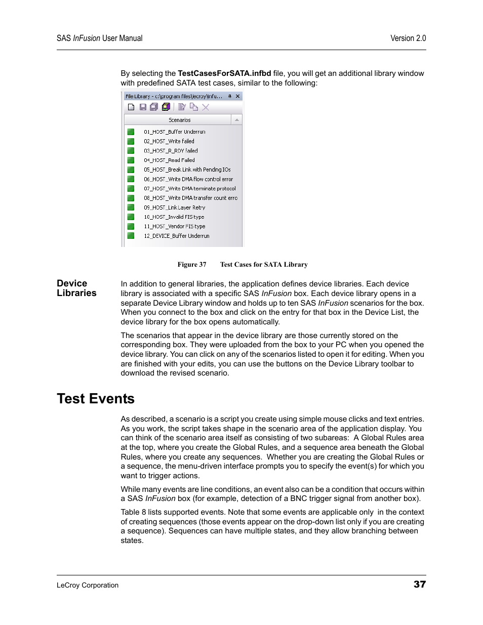 Device libraries, Test events, Figure 37 test cases for sata library | Teledyne LeCroy SAS_SATA InFusion - Users Manual User Manual | Page 51 / 113