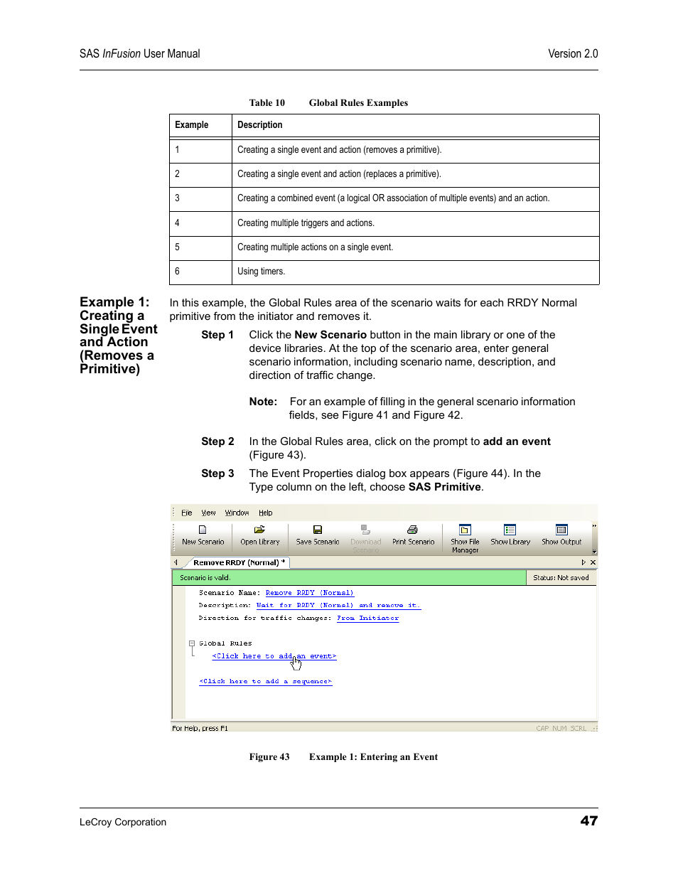 Figure 43 example 1: entering an event, Table 10 global rules examples | Teledyne LeCroy SAS_SATA InFusion - Users Manual User Manual | Page 61 / 113