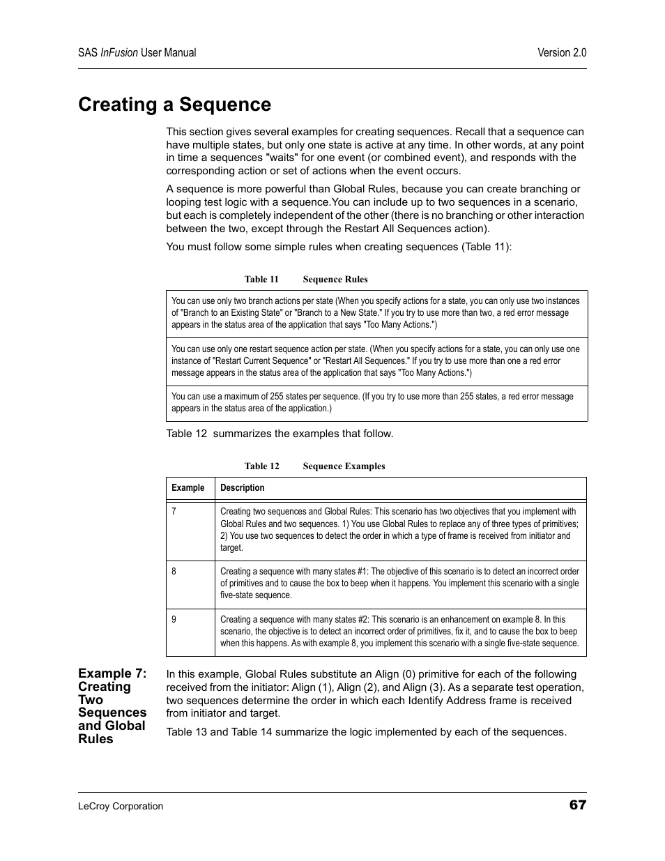 Creating a sequence, Example 7: creating two sequences and global rules, Table 11 sequence rules table 12 sequence examples | Teledyne LeCroy SAS_SATA InFusion - Users Manual User Manual | Page 81 / 113
