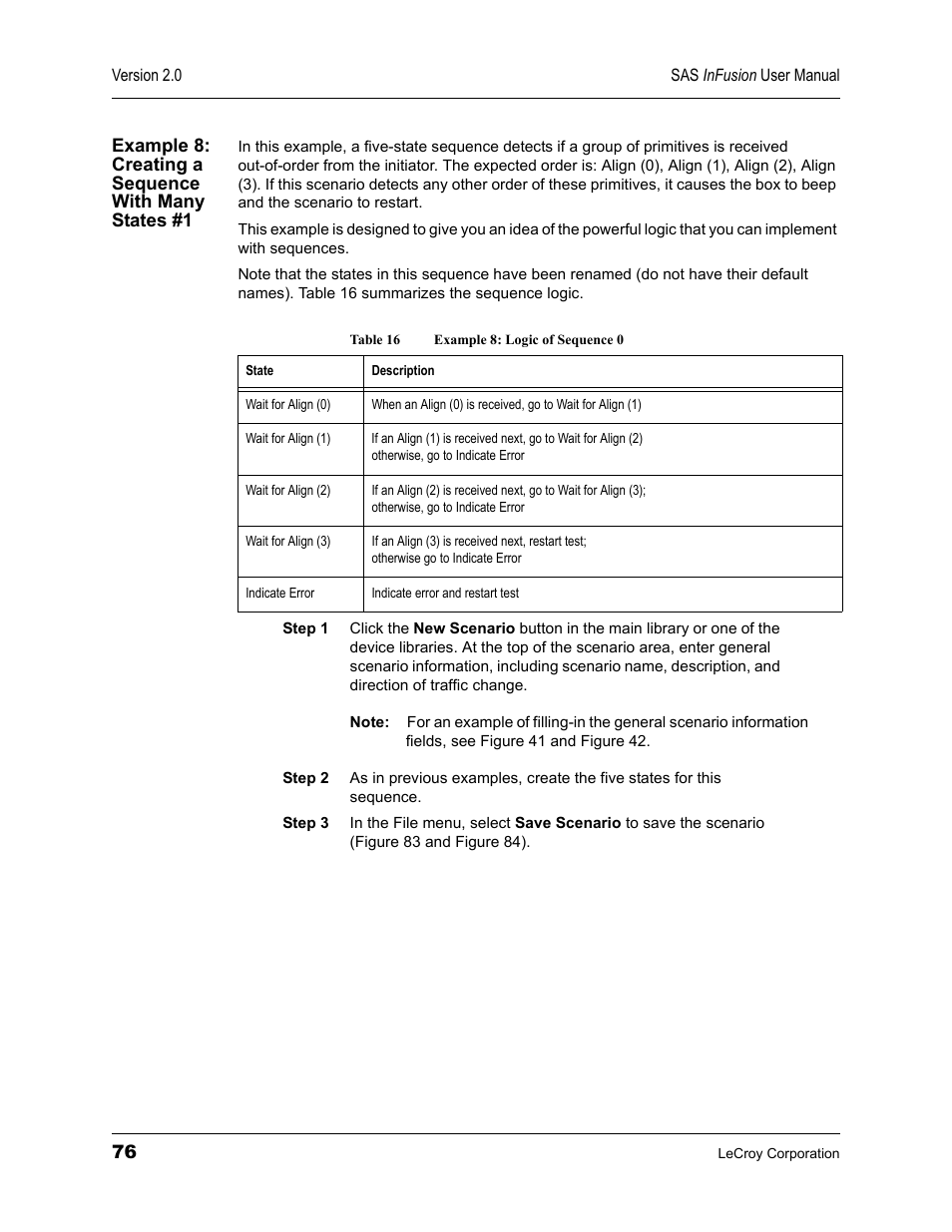 Example 8: creating a sequence with many states #1, Table 16 example 8: logic of sequence 0 | Teledyne LeCroy SAS_SATA InFusion - Users Manual User Manual | Page 90 / 113