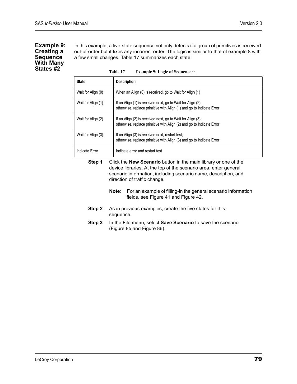 Example 9: creating a sequence with many states #2, Table 17 example 9: logic of sequence 0 | Teledyne LeCroy SAS_SATA InFusion - Users Manual User Manual | Page 93 / 113