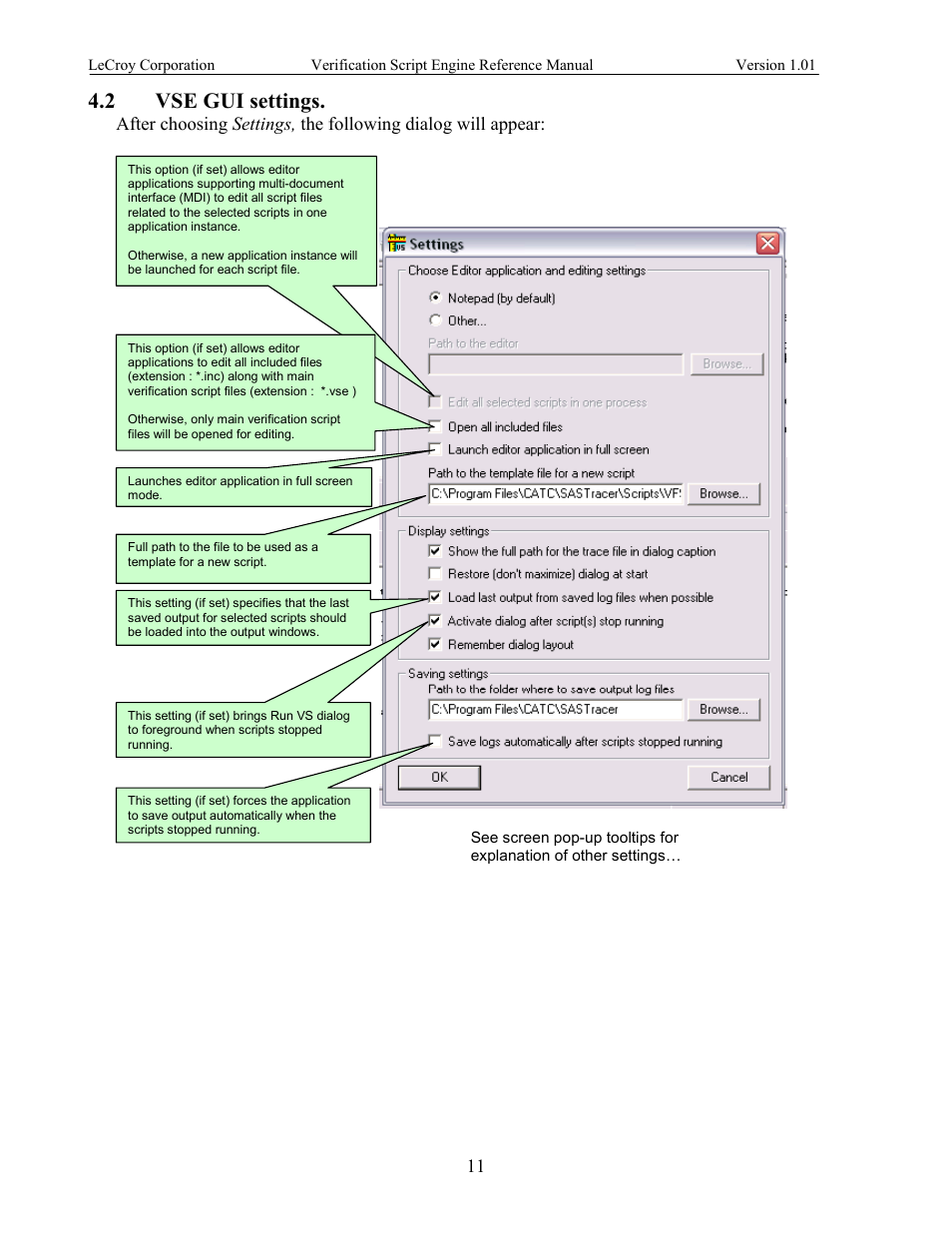 Vse gui settings, 2 vse, Settings | 2 vse gui settings | Teledyne LeCroy SATracer 3G Verification Script Engine manual User Manual | Page 16 / 68