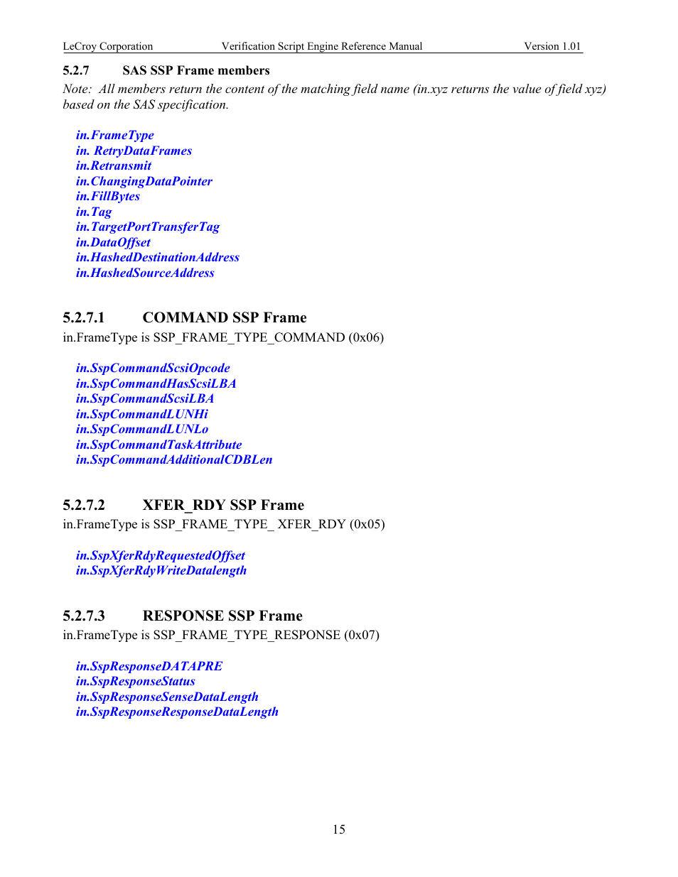 Sas ssp frame members, Command ssp frame, Xfer_rdy ssp frame | Response ssp frame, 7 sas ssp frame members | Teledyne LeCroy SATracer 3G Verification Script Engine manual User Manual | Page 20 / 68