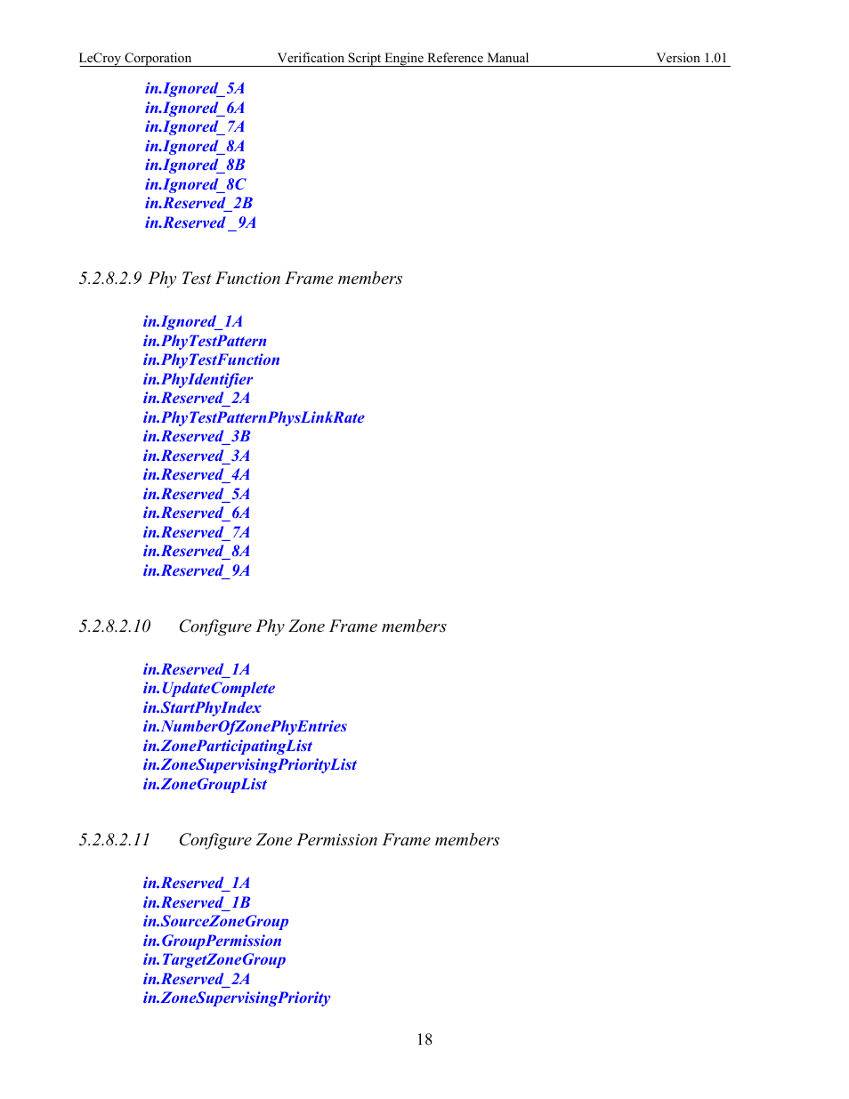 Phy test function frame members, Configure phy zone frame members, Configure zone permission frame members | Teledyne LeCroy SATracer 3G Verification Script Engine manual User Manual | Page 23 / 68