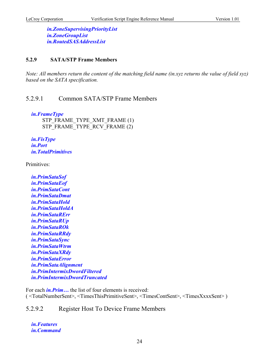 Sata/stp frame members, Common sata/stp frame members, Register host to device frame members | 9 sata/stp frame members | Teledyne LeCroy SATracer 3G Verification Script Engine manual User Manual | Page 29 / 68