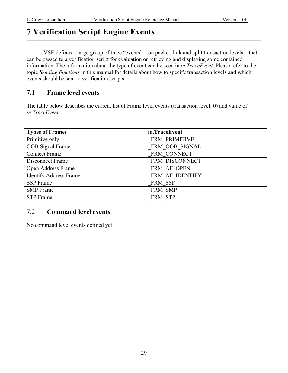 Verification script engine events, Frame level events, Command level events | 7 verification script engine events, Rame level events, Ommand level events | Teledyne LeCroy SATracer 3G Verification Script Engine manual User Manual | Page 34 / 68