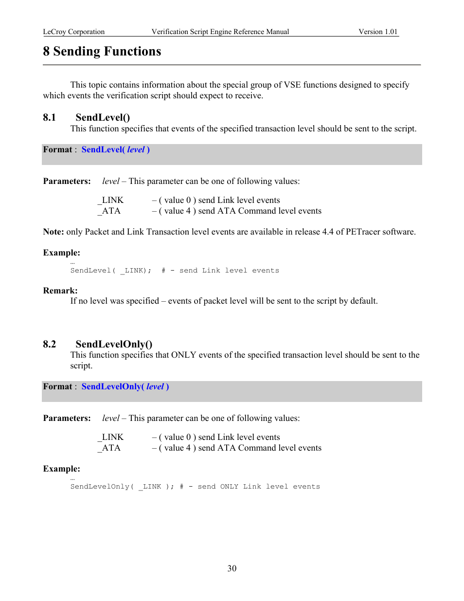 Sending functions, Sendlevel(), Sendlevelonly() | 8 sending functions, Evel, 1 sendlevel(), 2 sendlevelonly() | Teledyne LeCroy SATracer 3G Verification Script Engine manual User Manual | Page 35 / 68