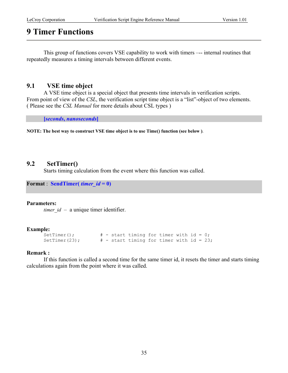 Timer functions, Vse time object, Settimer() | 9 timer functions, 1 vse, Time object, Imer | Teledyne LeCroy SATracer 3G Verification Script Engine manual User Manual | Page 40 / 68