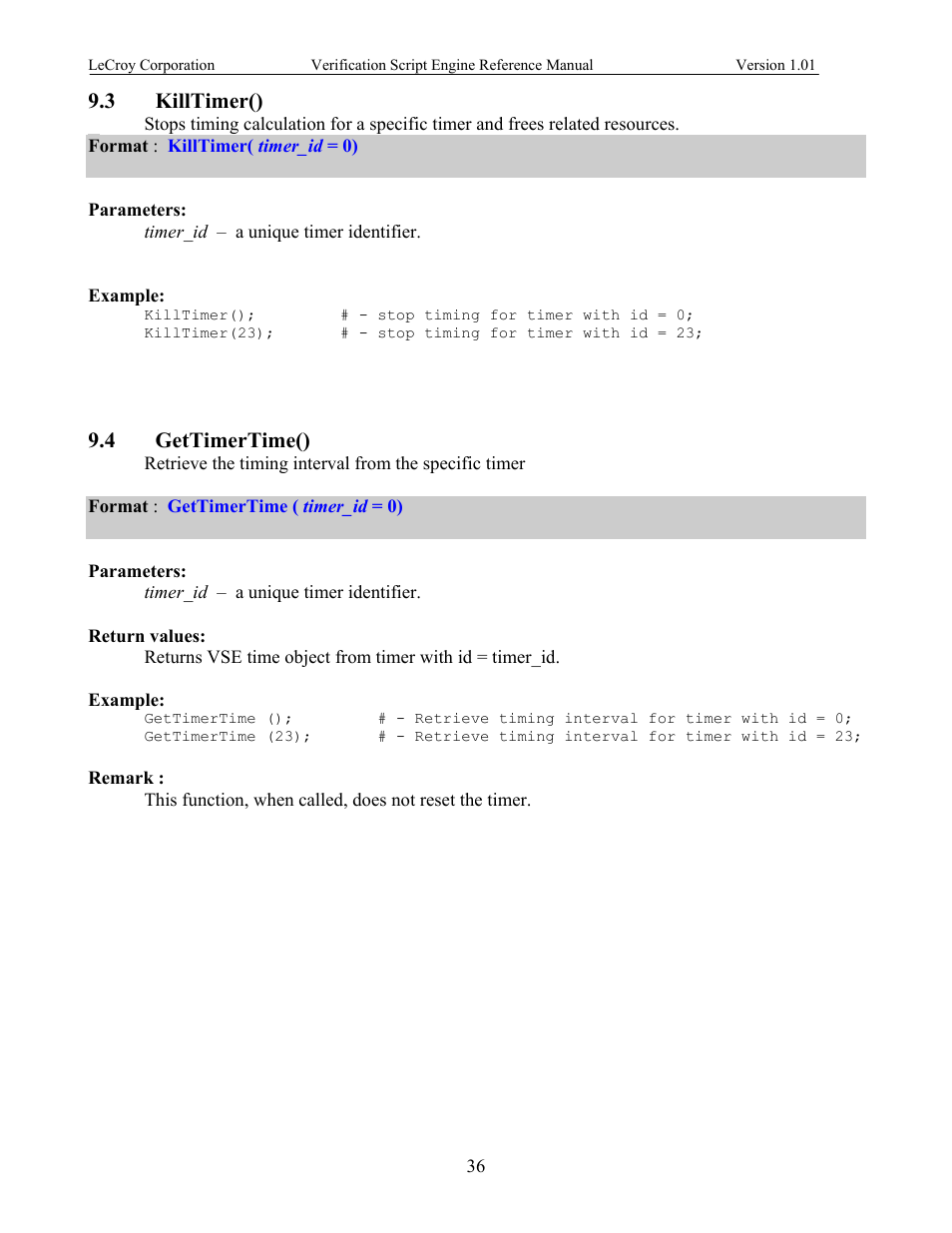 Killtimer(), Gettimertime(), Imer | 3 killtimer(), 4 gettimertime() | Teledyne LeCroy SATracer 3G Verification Script Engine manual User Manual | Page 41 / 68