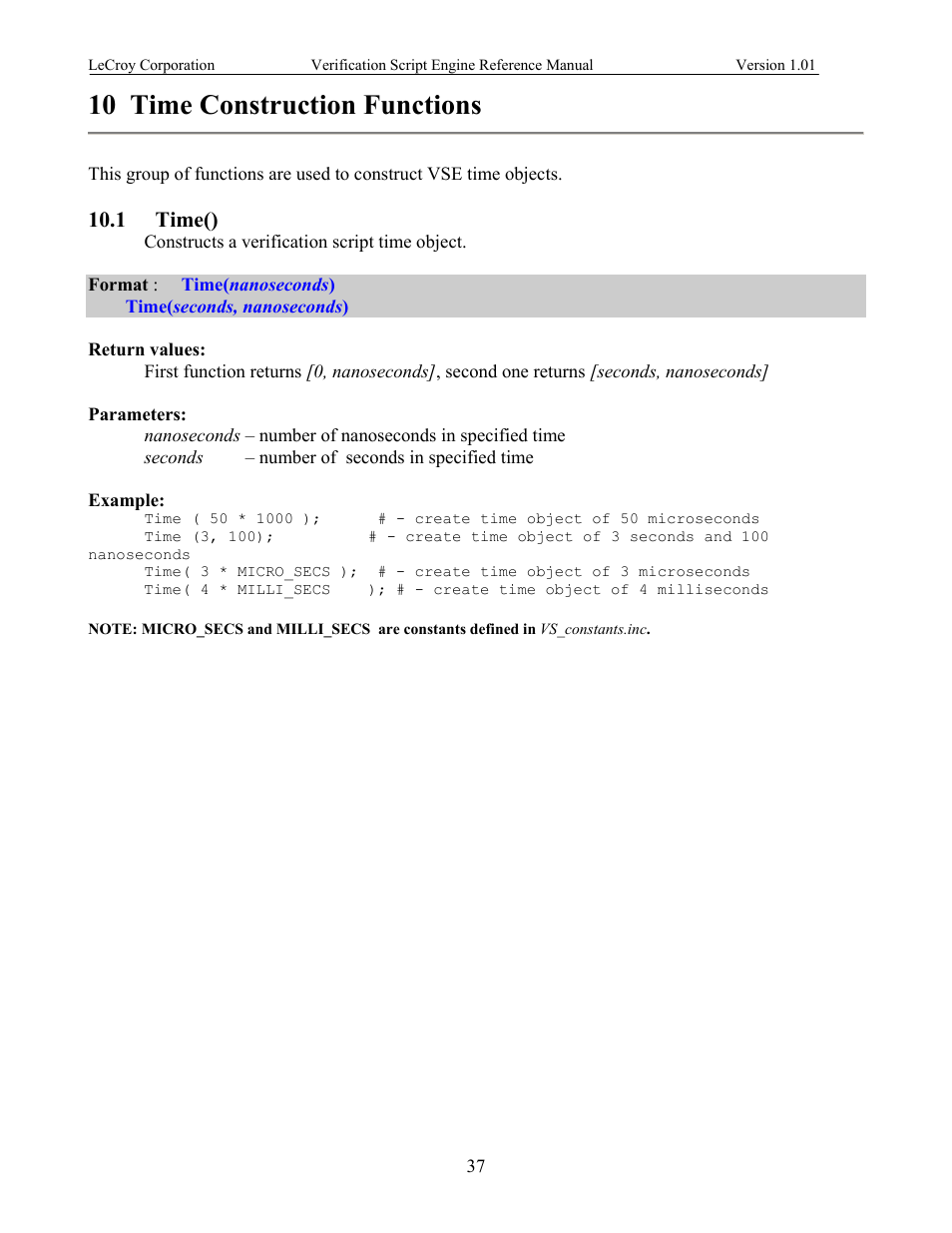 Time construction functions, Time(), 10 time construction functions | 1 time() | Teledyne LeCroy SATracer 3G Verification Script Engine manual User Manual | Page 42 / 68