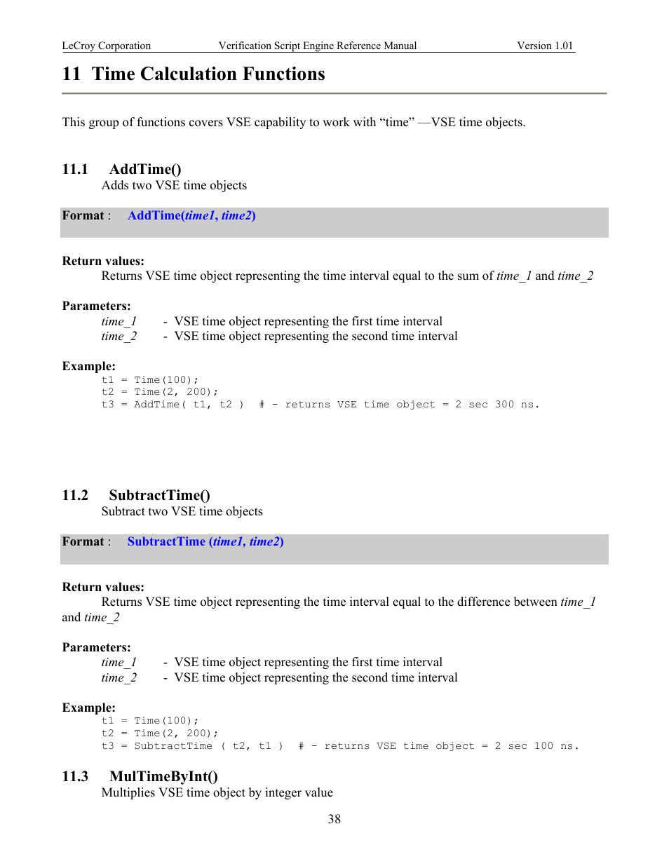 Time calculation functions, Addtime(), Subtracttime() | Multimebyint(), 11 time calculation functions, Ubtract | Teledyne LeCroy SATracer 3G Verification Script Engine manual User Manual | Page 43 / 68