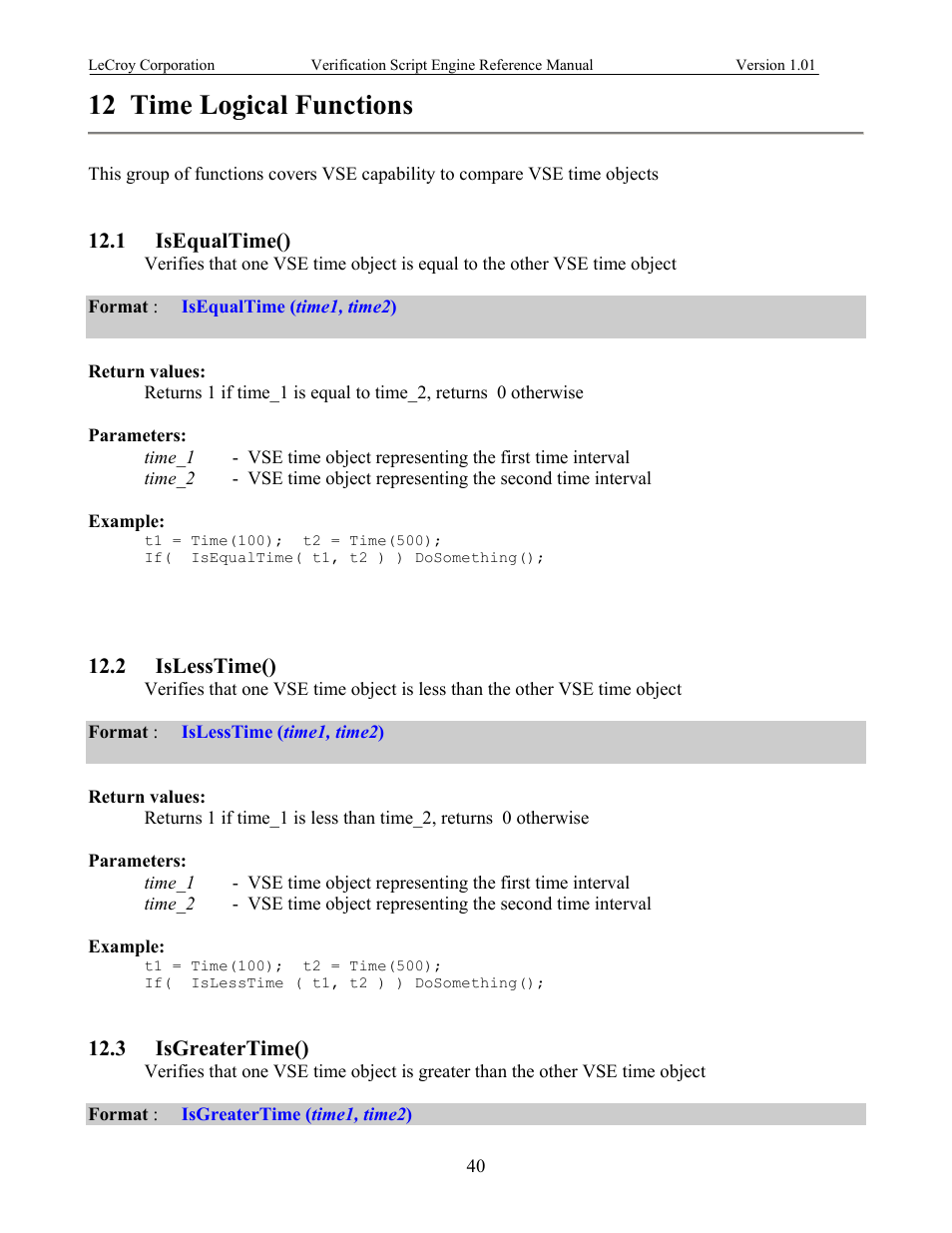 Time logical functions, Isequaltime(), Islesstime() | Isgreatertime(), 12 time logical functions, Qual, Reater | Teledyne LeCroy SATracer 3G Verification Script Engine manual User Manual | Page 45 / 68