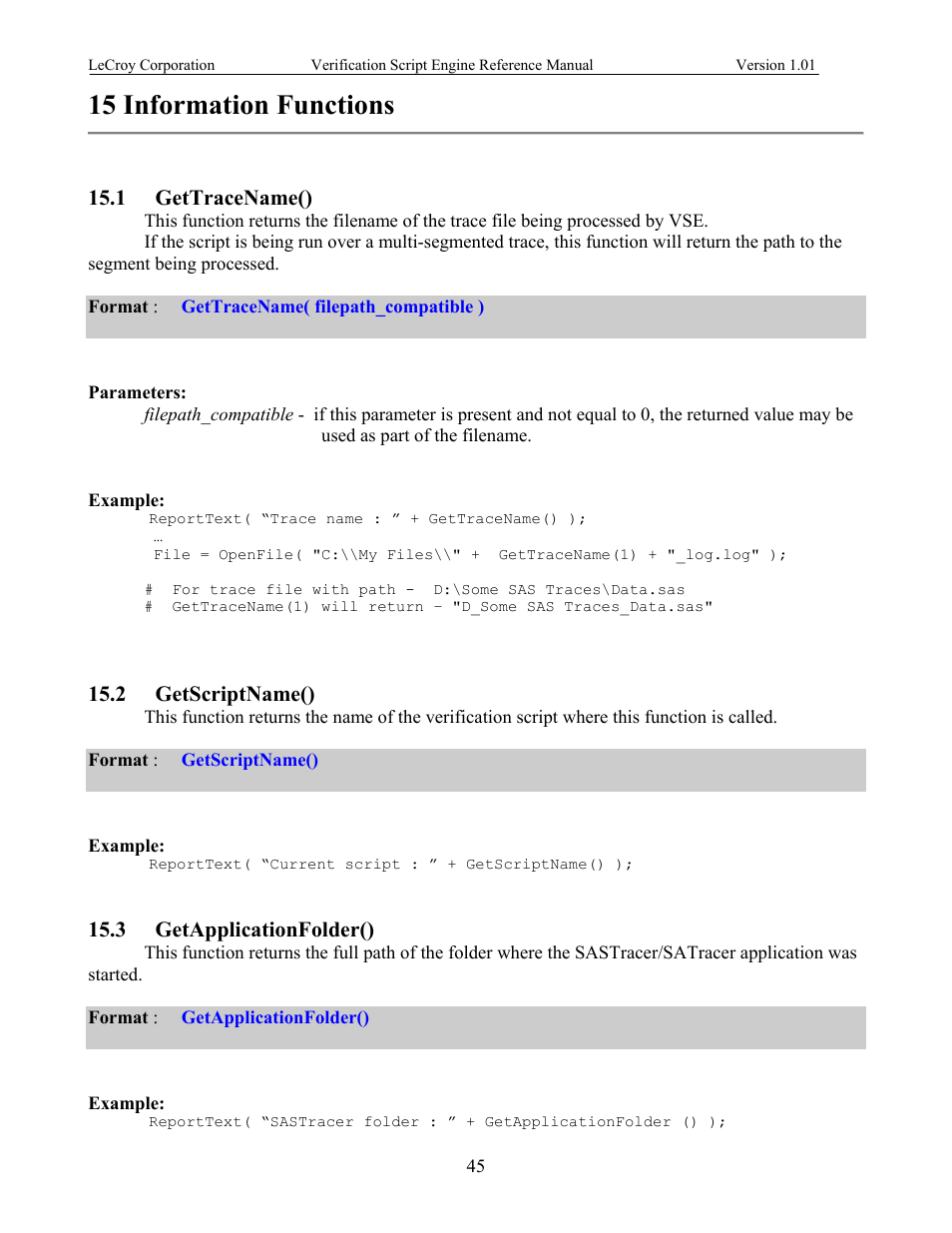 Information functions, Gettracename(), Getscriptname() | Getapplicationfolder(), 15 information functions, Race, Cript, Pplication, Older | Teledyne LeCroy SATracer 3G Verification Script Engine manual User Manual | Page 50 / 68