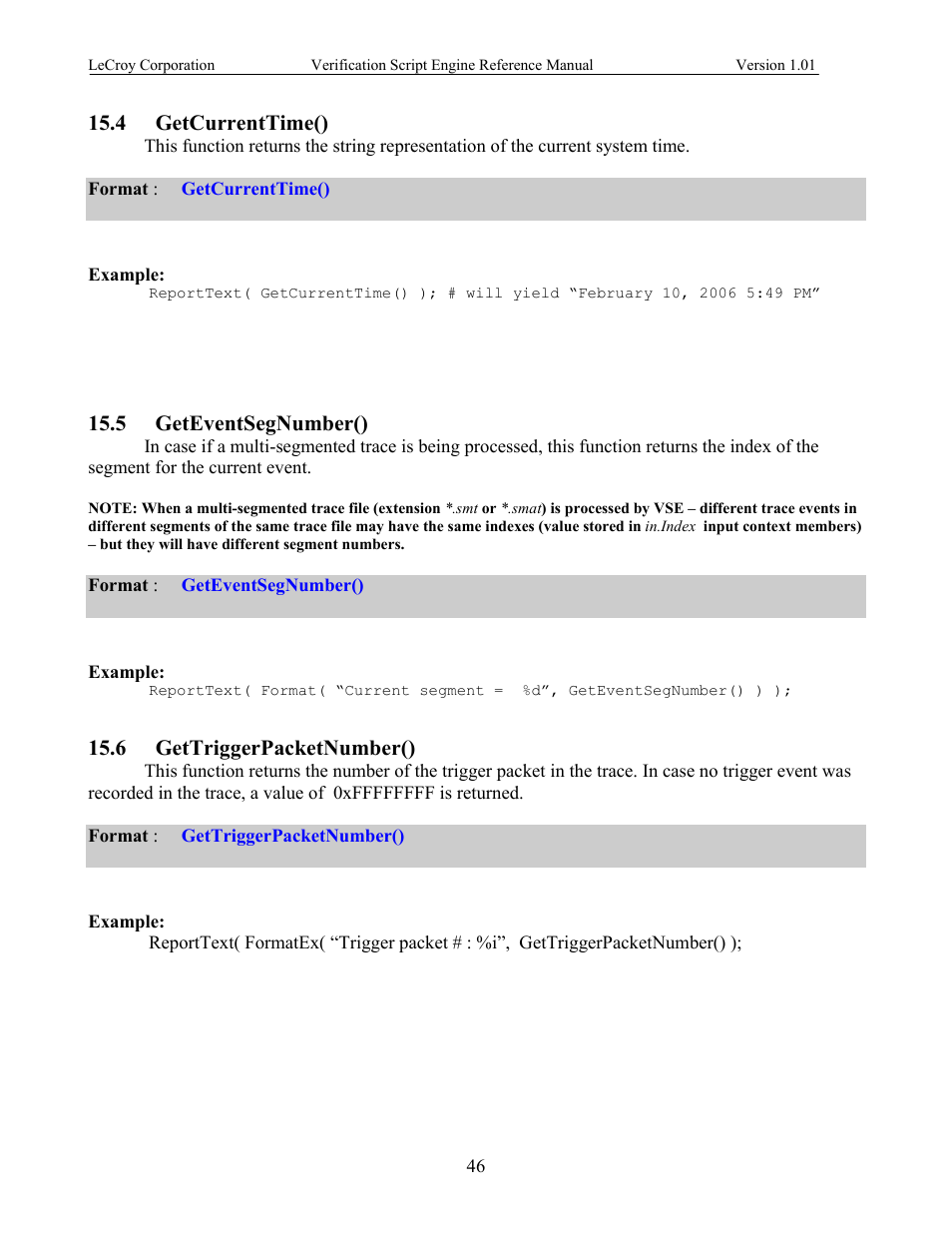 Getcurrenttime(), Geteventsegnumber(), Gettriggerpacketnumber() | Urrent, Vent, Umber, Rigger, Acket | Teledyne LeCroy SATracer 3G Verification Script Engine manual User Manual | Page 51 / 68