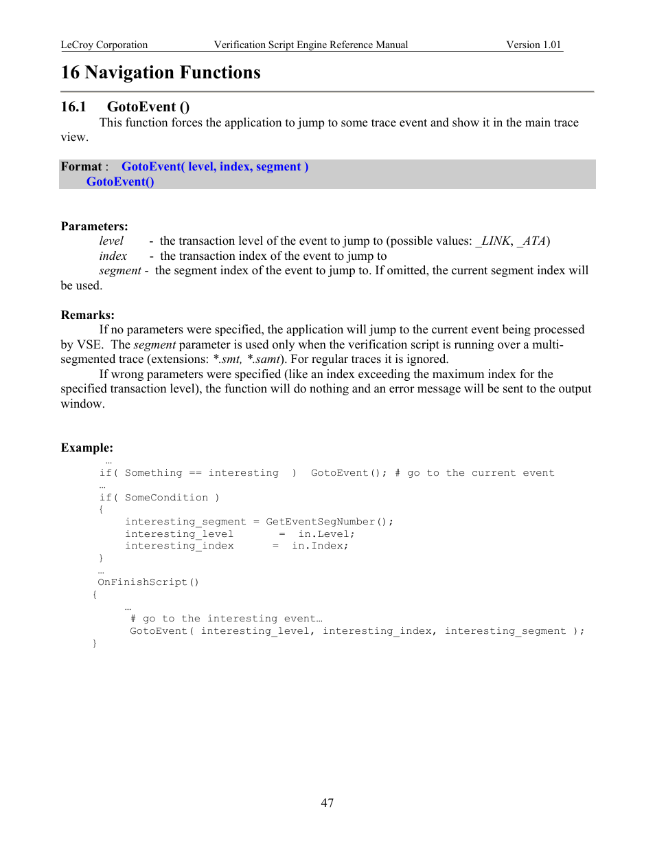 Navigation functions, Gotoevent (), 16 navigation functions | Vent, 1 gotoevent () | Teledyne LeCroy SATracer 3G Verification Script Engine manual User Manual | Page 52 / 68