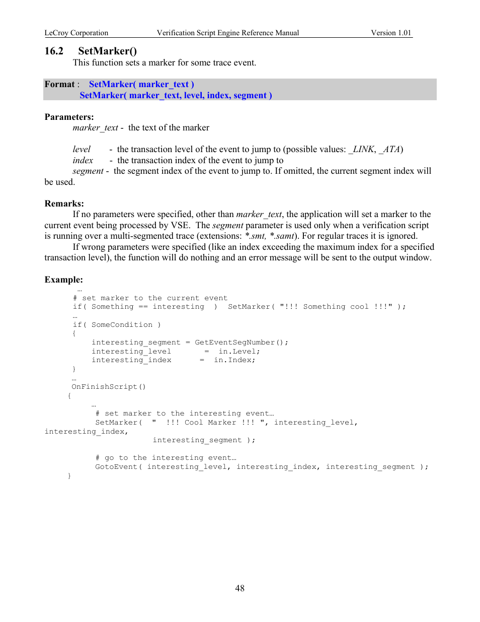 Setmarker(), Arker, 2 setmarker() | Teledyne LeCroy SATracer 3G Verification Script Engine manual User Manual | Page 53 / 68