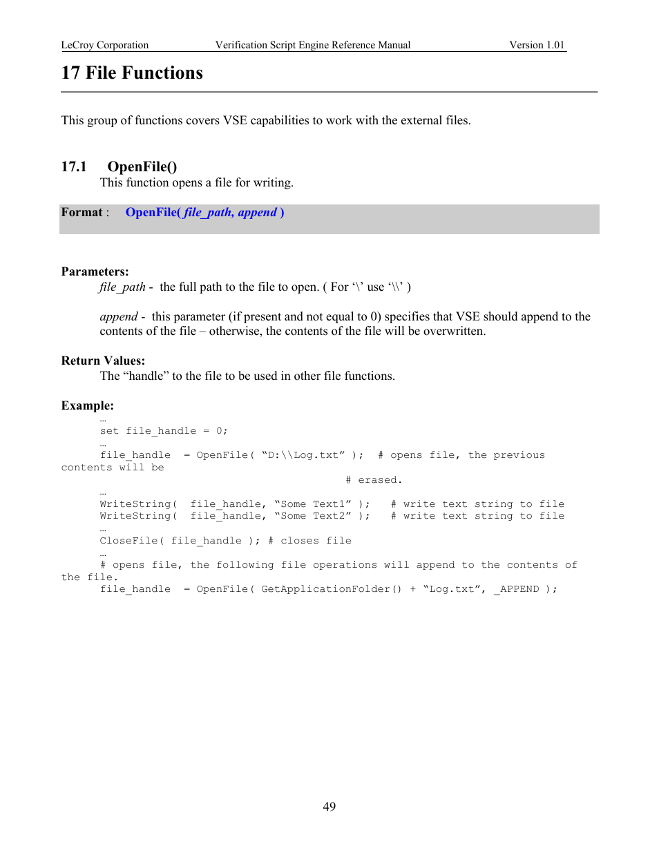File functions, Openfile(), 17 file functions | 1 openfile() | Teledyne LeCroy SATracer 3G Verification Script Engine manual User Manual | Page 54 / 68