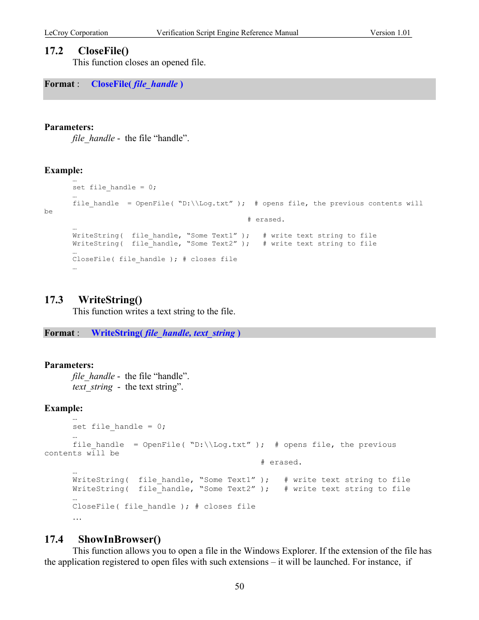 Closefile(), Writestring(), Showinbrowser() | Lose, Rite, Tring, Rowser, 2 closefile(), 3 writestring(), 4 showinbrowser() | Teledyne LeCroy SATracer 3G Verification Script Engine manual User Manual | Page 55 / 68