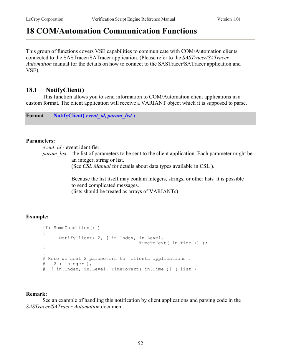 Com/automation communication functions, Notifyclient(), 18 com/automation communication functions | Otify, Lient, 1 notifyclient() | Teledyne LeCroy SATracer 3G Verification Script Engine manual User Manual | Page 57 / 68