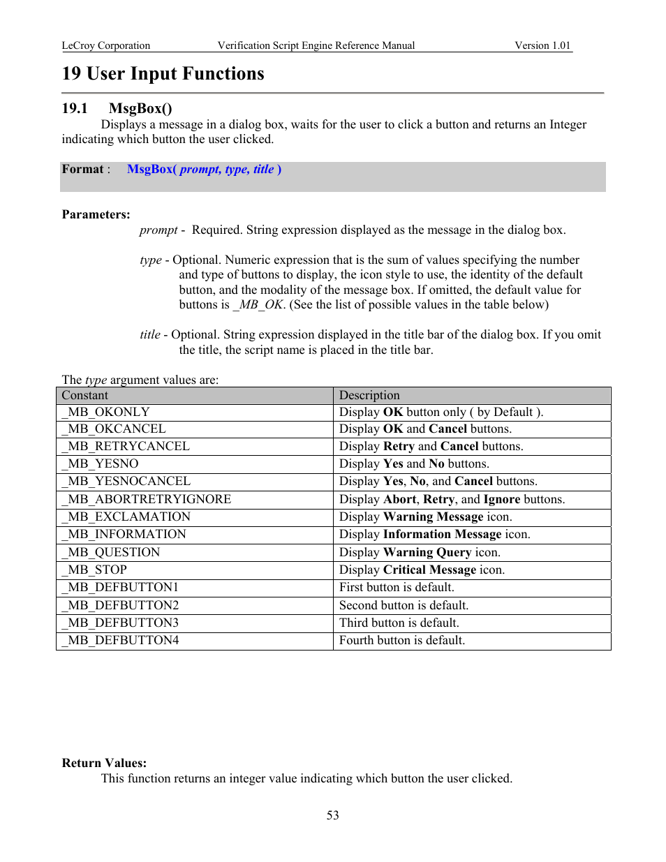 User input functions, Msgbox(), 19 user input functions | Teledyne LeCroy SATracer 3G Verification Script Engine manual User Manual | Page 58 / 68