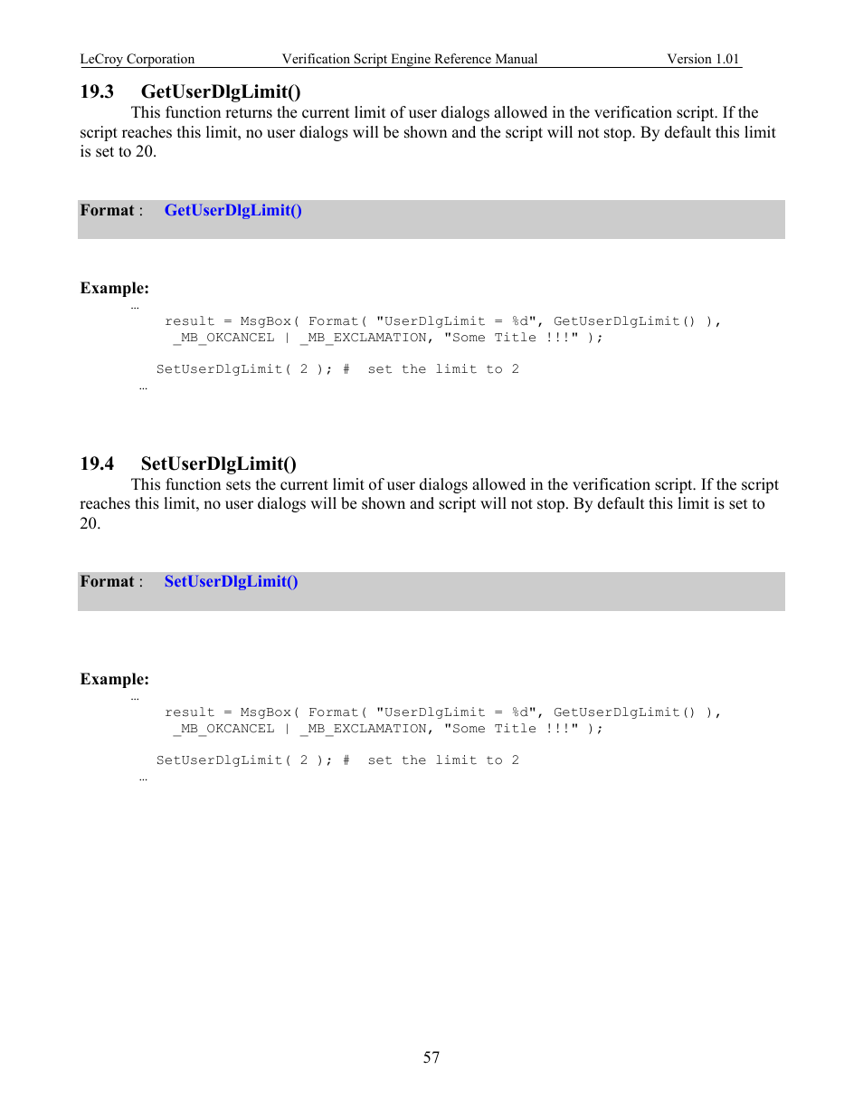 Getuserdlglimit(), Setuserdlglimit(), Imit | 3 getuserdlglimit(), 4 setuserdlglimit() | Teledyne LeCroy SATracer 3G Verification Script Engine manual User Manual | Page 62 / 68
