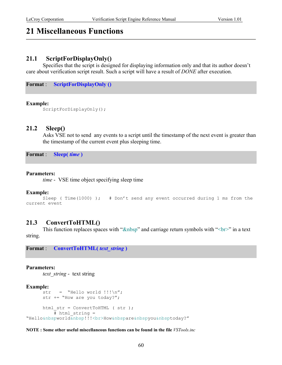 Miscellaneous functions, Scriptfordisplayonly(), Sleep() | Converttohtml(), 21 miscellaneous functions, Cript, Isplay, Leep, Onvert, Html() | Teledyne LeCroy SATracer 3G Verification Script Engine manual User Manual | Page 65 / 68