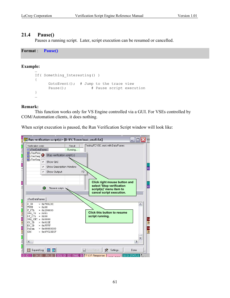 Pause(), Ause, 4 pause() | Teledyne LeCroy SATracer 3G Verification Script Engine manual User Manual | Page 66 / 68