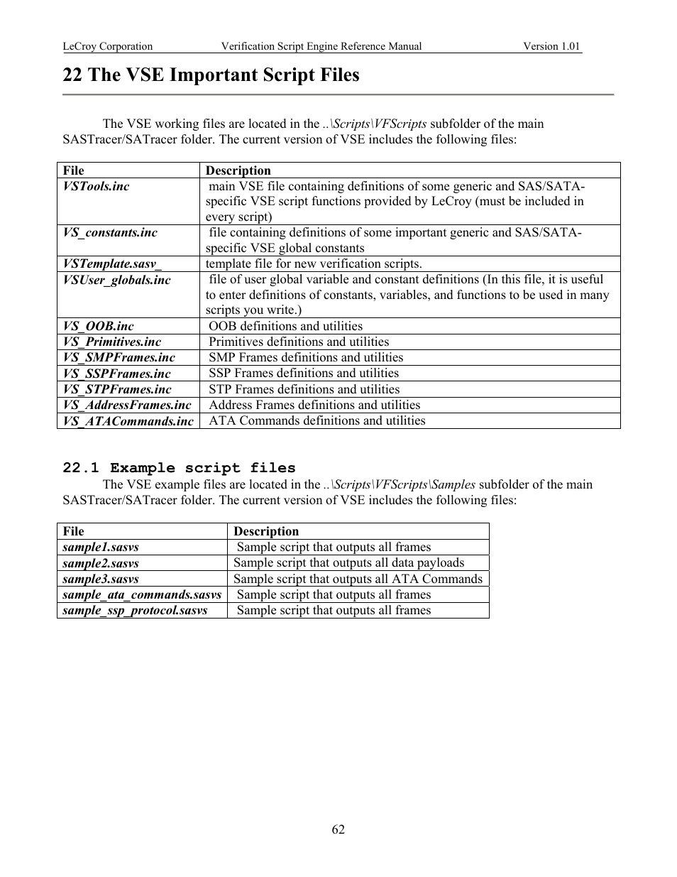 The vse important script files, Example script files, 22 the vse important script files | Xample script files | Teledyne LeCroy SATracer 3G Verification Script Engine manual User Manual | Page 67 / 68