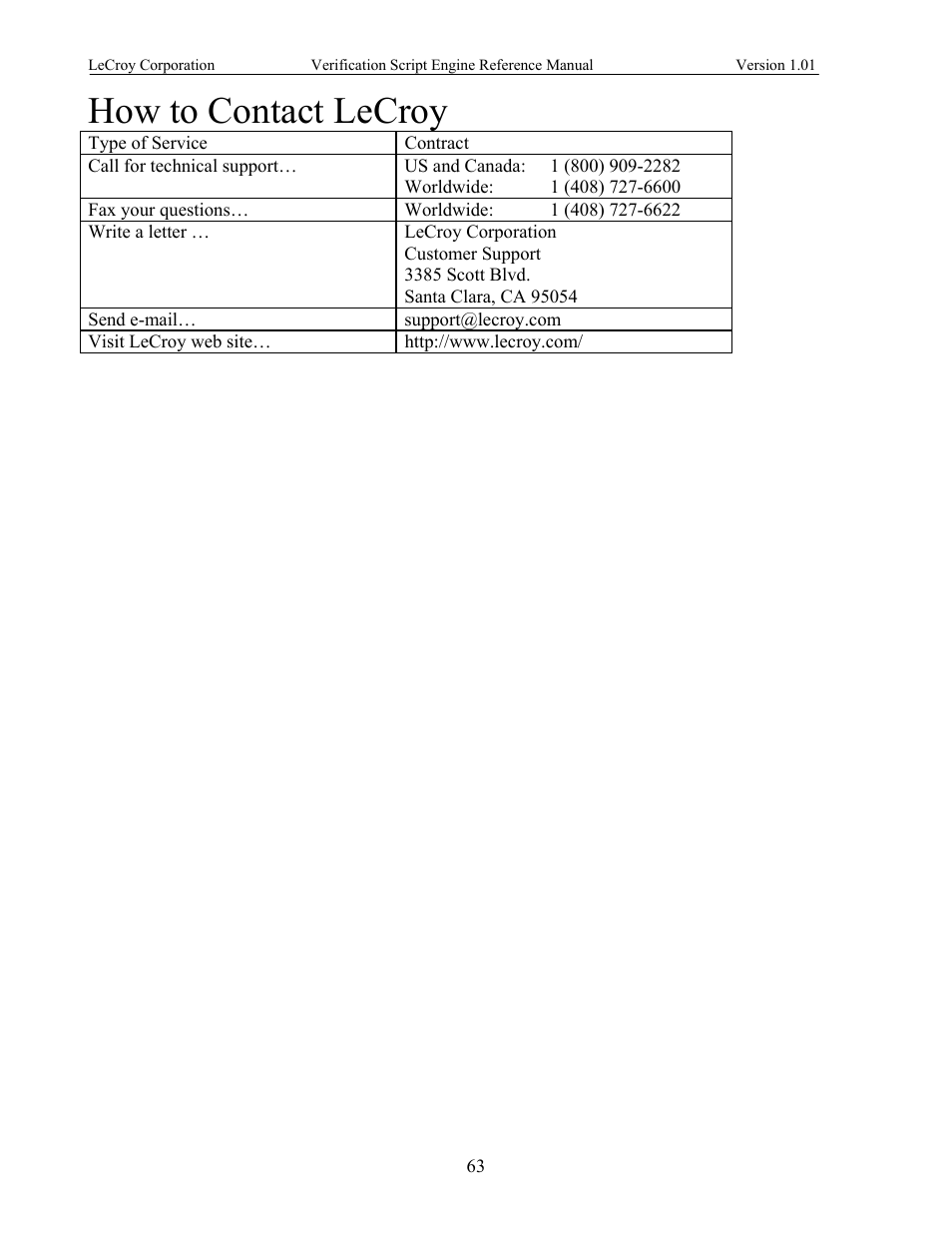 How to contact lecroy | Teledyne LeCroy SATracer 3G Verification Script Engine manual User Manual | Page 68 / 68