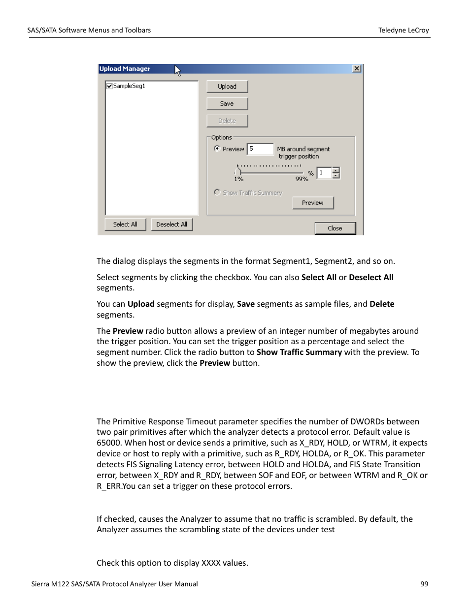 18 analyzer settings, Primitive response timeout, Disable scrambling | Show xxxx value | Teledyne LeCroy Sierra M122 User Manual User Manual | Page 101 / 385