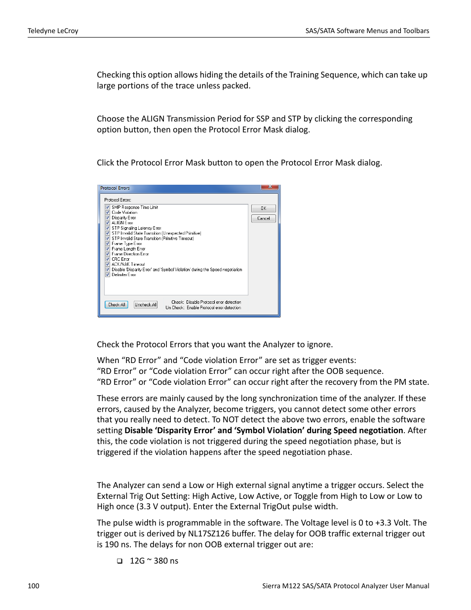 Pack training sequence, Protocol error mask, External trig out setting | Teledyne LeCroy Sierra M122 User Manual User Manual | Page 102 / 385