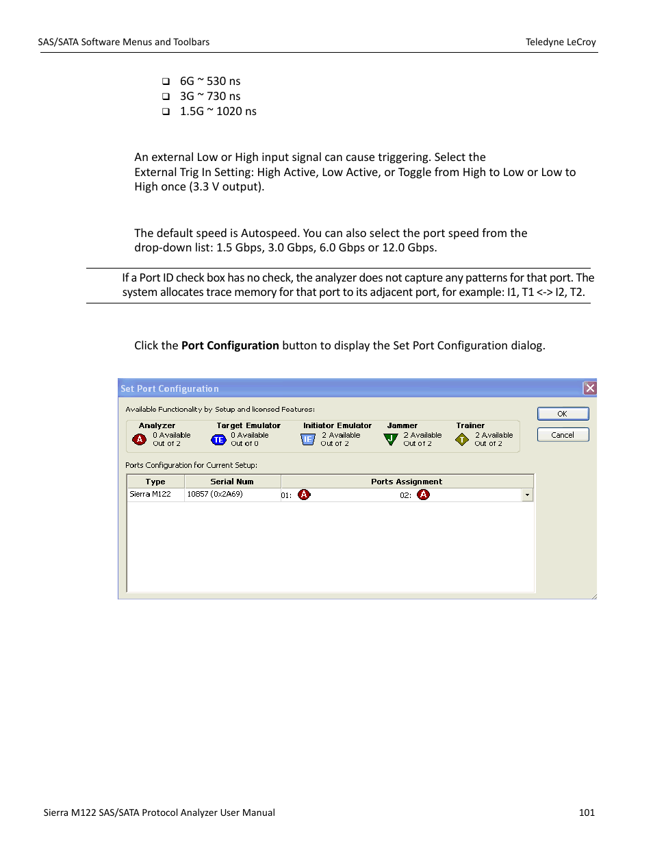 External trig in setting, Choose port speed, Ports configuration | Teledyne LeCroy Sierra M122 User Manual User Manual | Page 103 / 385