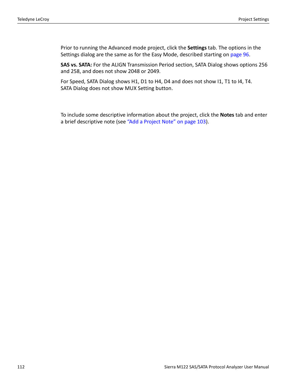 3 project settings, 1 notes | Teledyne LeCroy Sierra M122 User Manual User Manual | Page 114 / 385