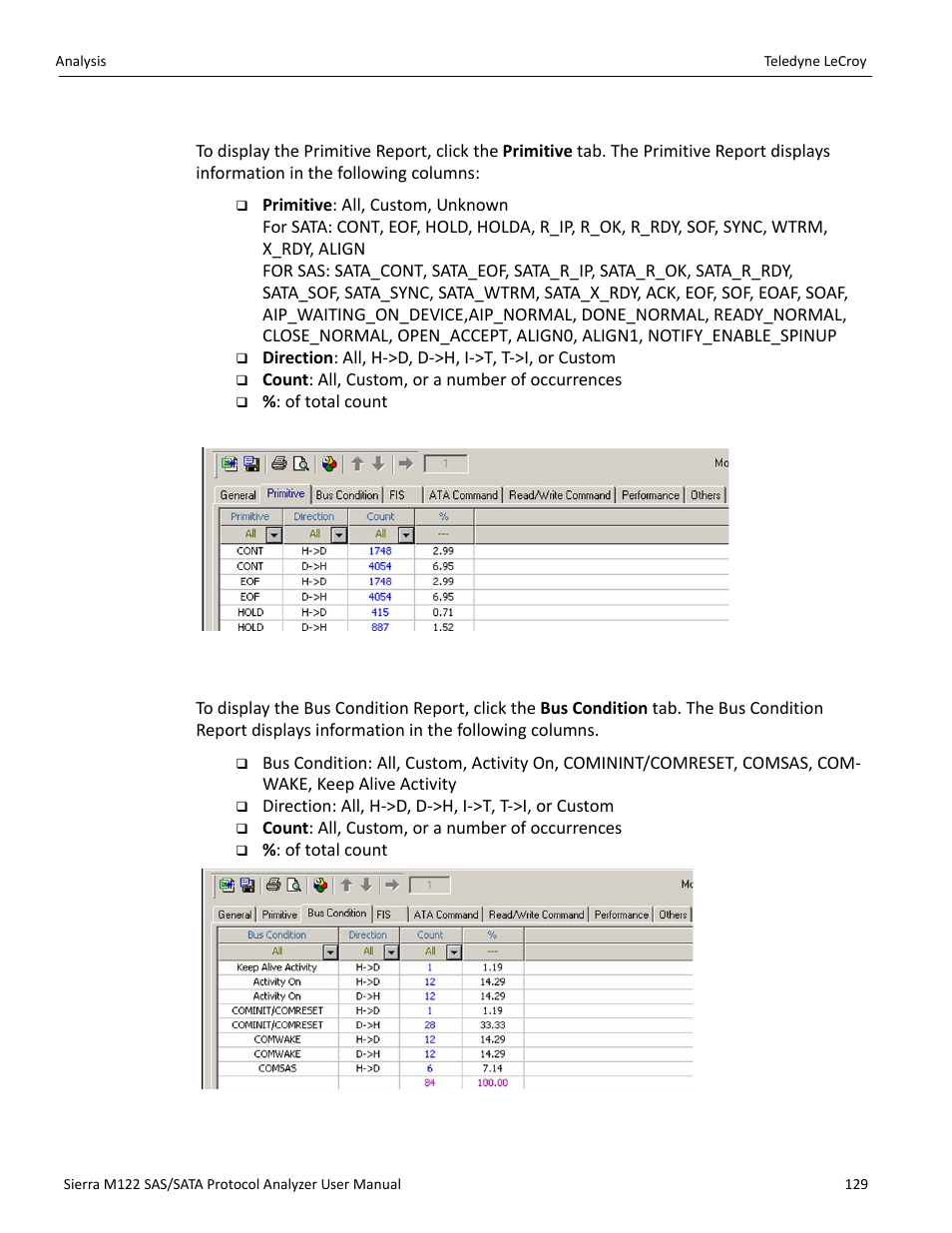 Primitive report, Bus condition report | Teledyne LeCroy Sierra M122 User Manual User Manual | Page 131 / 385