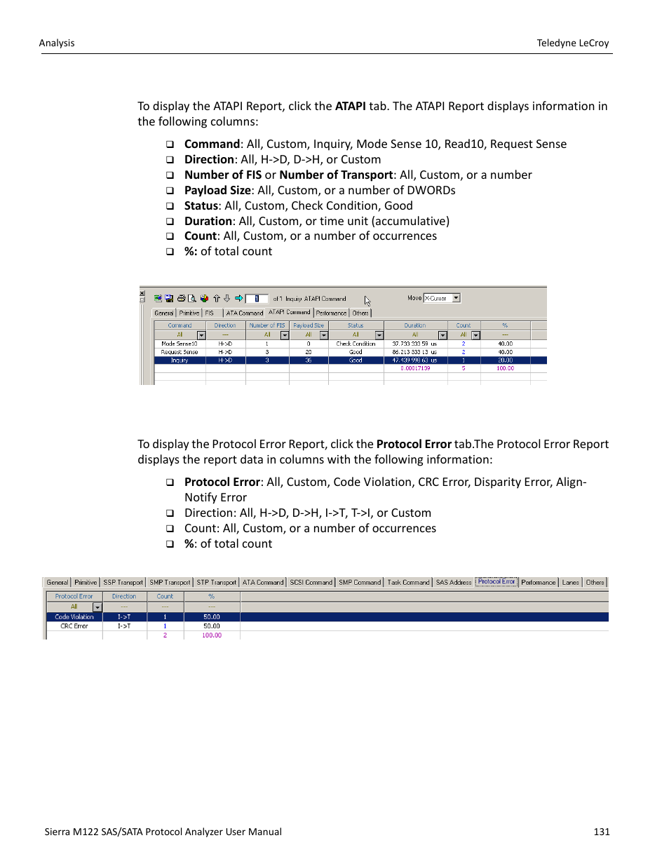 Atapi report, Protocol error report | Teledyne LeCroy Sierra M122 User Manual User Manual | Page 133 / 385