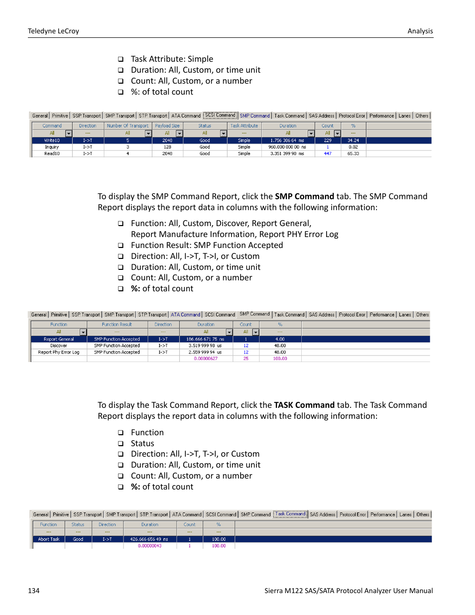 Smp command report (sas), Task command report (sas) | Teledyne LeCroy Sierra M122 User Manual User Manual | Page 136 / 385