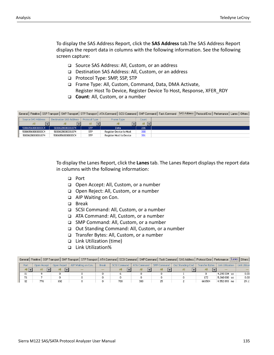 Sas address report (sas), Lanes report (sas) | Teledyne LeCroy Sierra M122 User Manual User Manual | Page 137 / 385