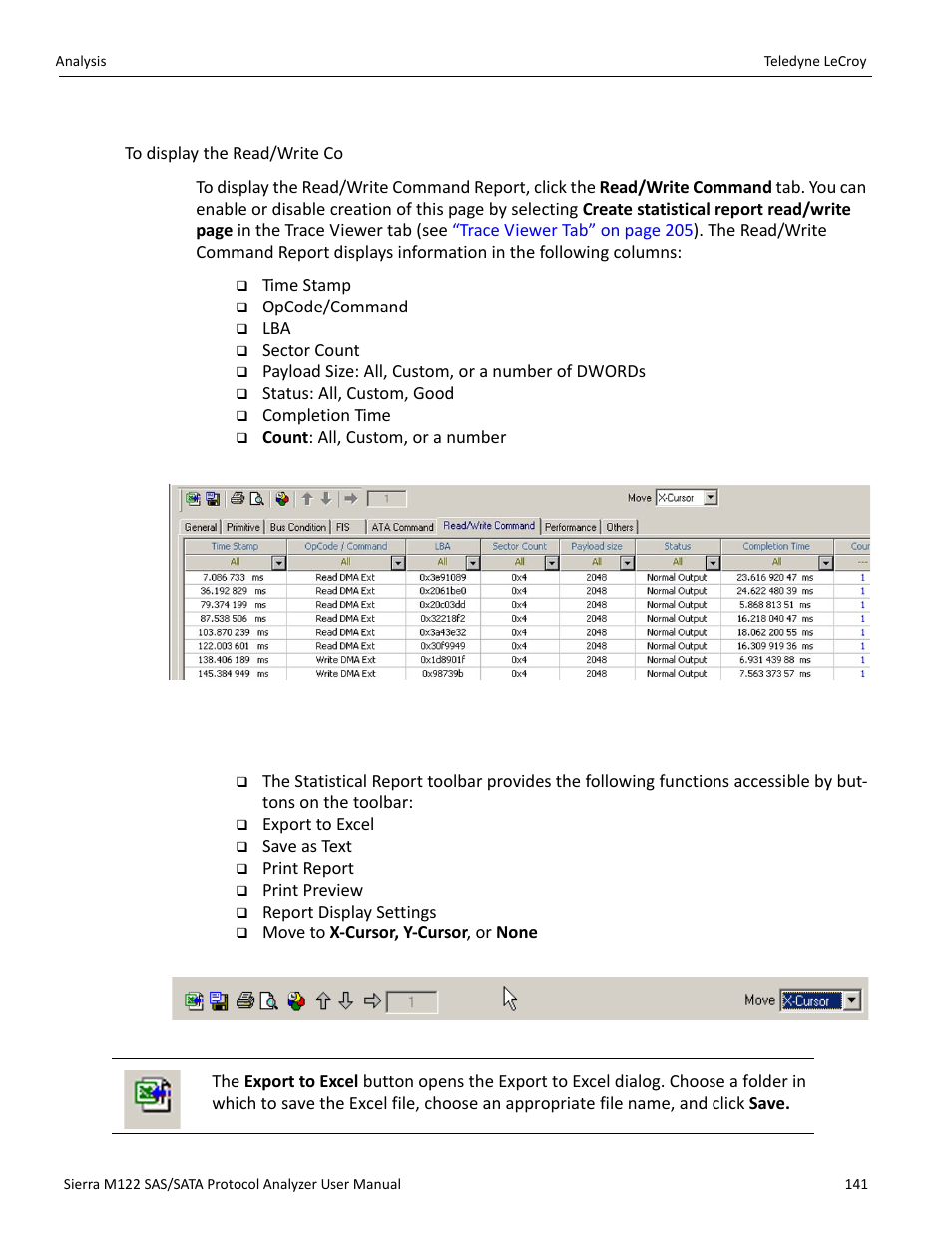Read write command report (sata), To display the read/write co, 10 statistical report toolbar | Export as microsoft® excel file | Teledyne LeCroy Sierra M122 User Manual User Manual | Page 143 / 385