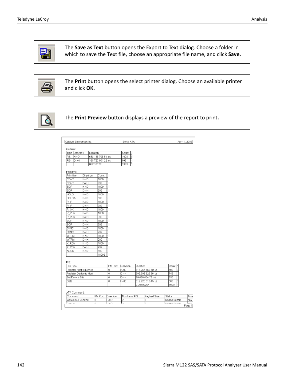 Save as text file, Print statistical report, Print preview | Teledyne LeCroy Sierra M122 User Manual User Manual | Page 144 / 385