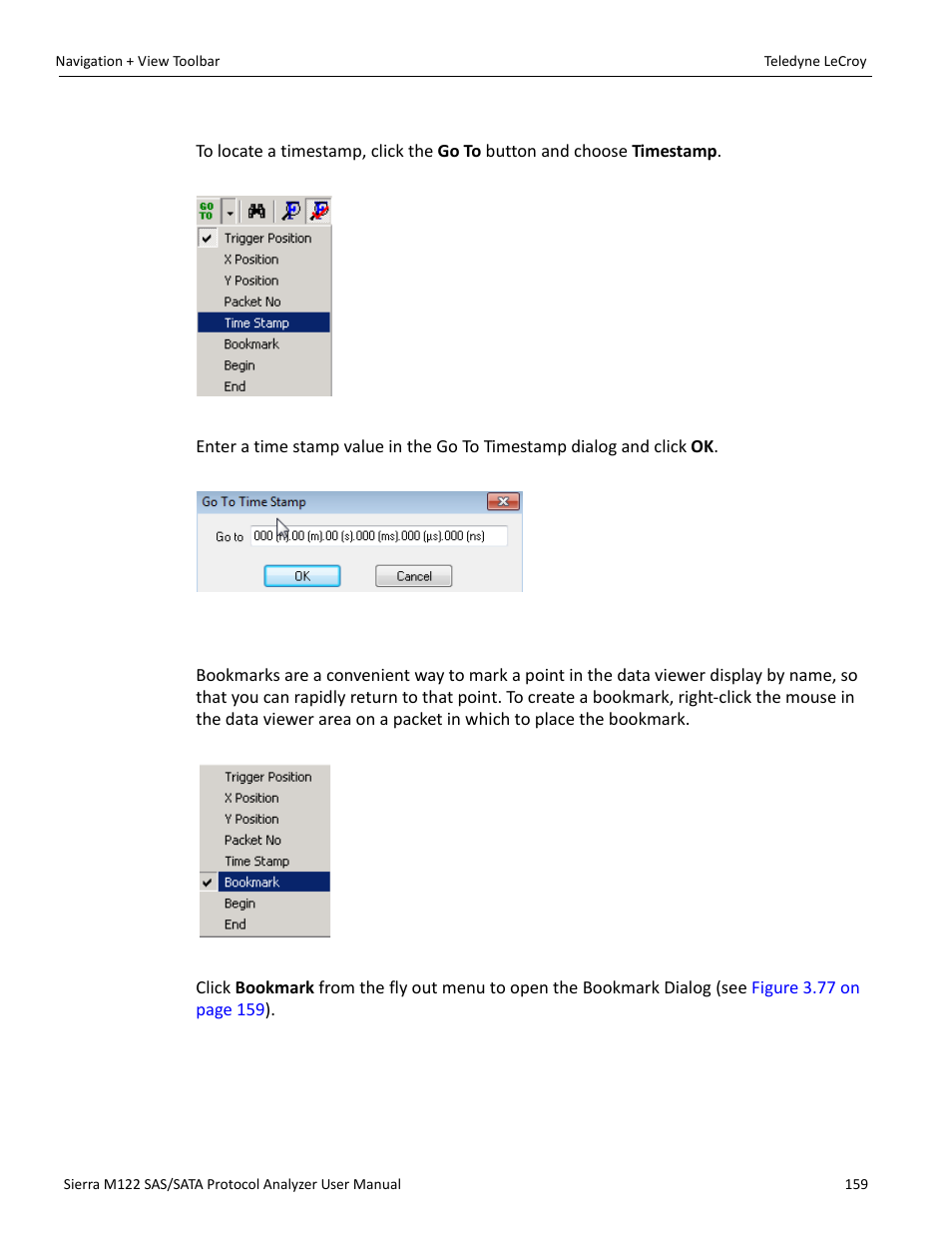 Go to time stamp, Bookmarks | Teledyne LeCroy Sierra M122 User Manual User Manual | Page 161 / 385