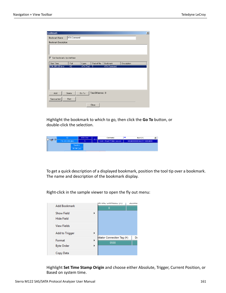 Bookmark description, Set time stamp origin | Teledyne LeCroy Sierra M122 User Manual User Manual | Page 163 / 385