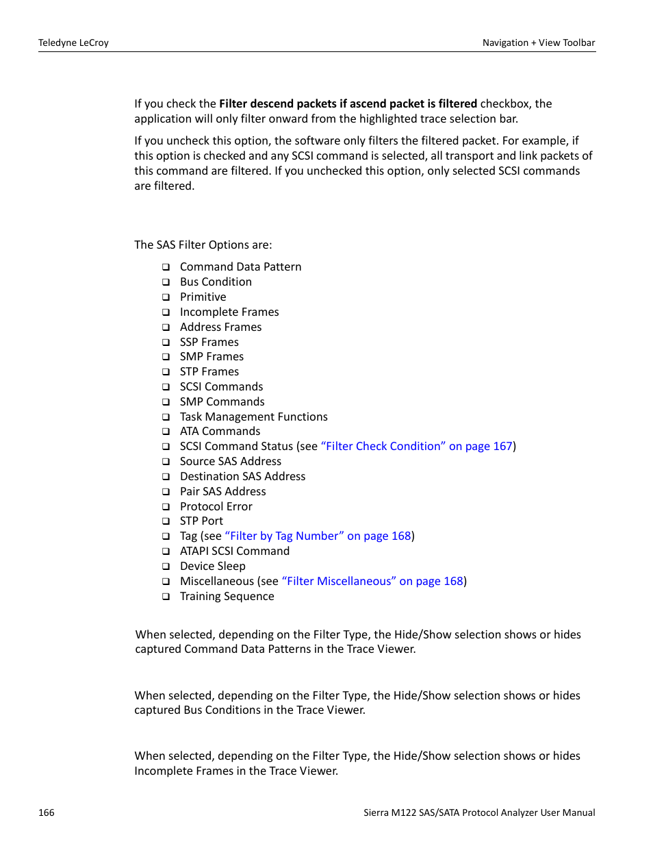4 selectable filter options for sas, Command data pattern, Bus condition | Incomplete frames | Teledyne LeCroy Sierra M122 User Manual User Manual | Page 168 / 385
