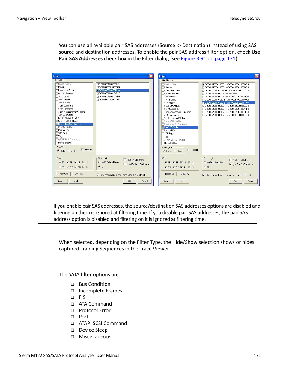 Use pair sas addresses, Training sequence, 5 selectable filter options for sata | Selectable | Teledyne LeCroy Sierra M122 User Manual User Manual | Page 173 / 385