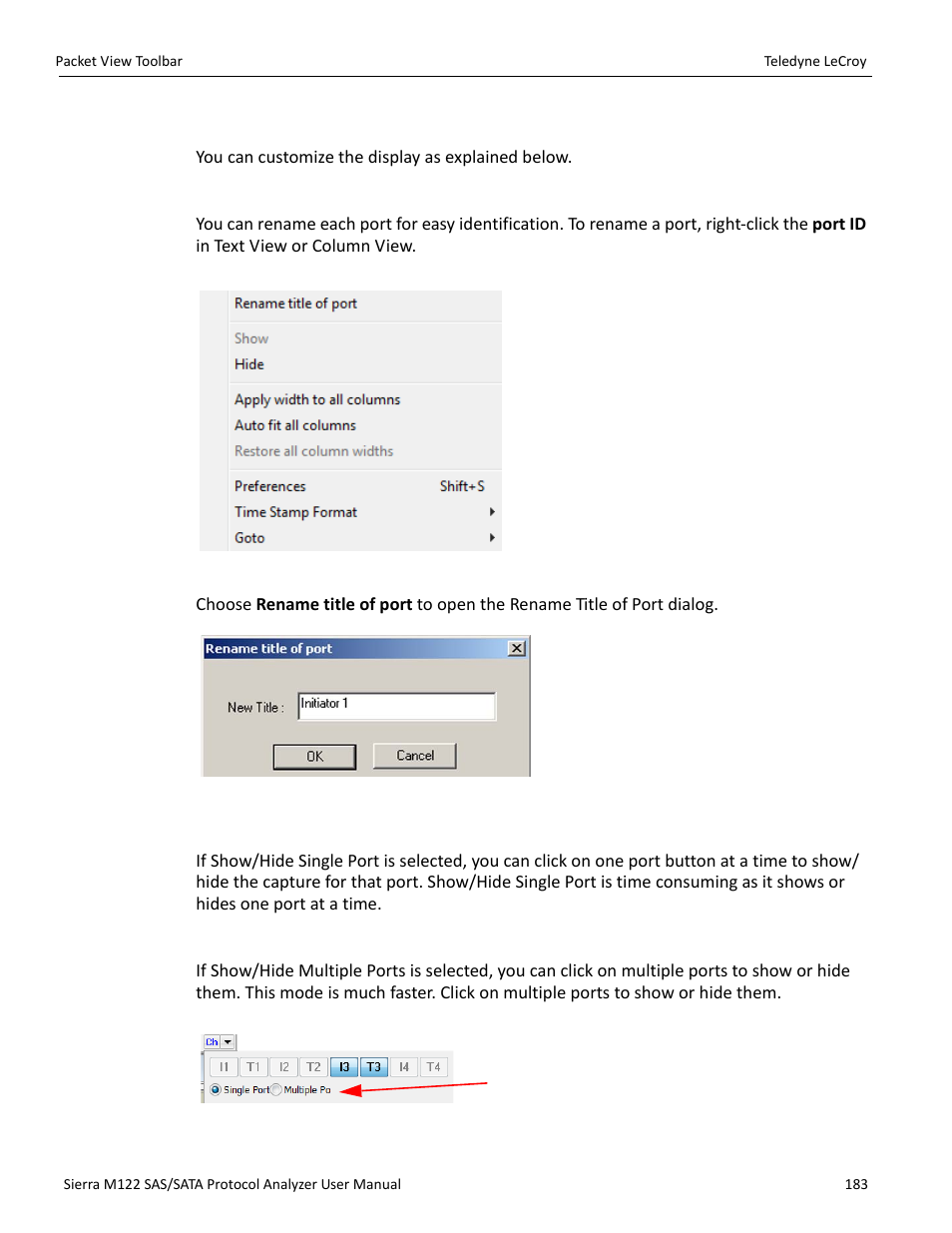 4 customize display, Rename port, Show/hide single port | Show/hide multiple ports | Teledyne LeCroy Sierra M122 User Manual User Manual | Page 185 / 385