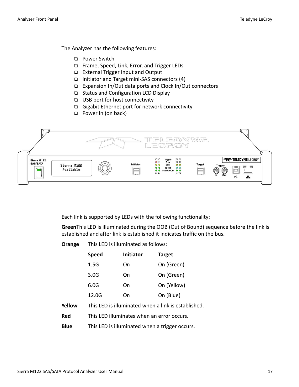 5 analyzer front panel, 6 leds | Teledyne LeCroy Sierra M122 User Manual User Manual | Page 19 / 385