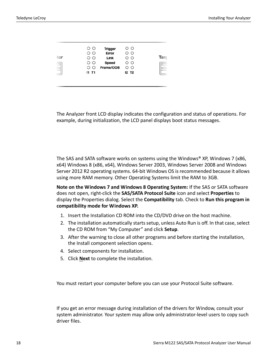 1 status and configuration display, 7 installing your analyzer, 8 software installation | 1 system restart, 2 error message | Teledyne LeCroy Sierra M122 User Manual User Manual | Page 20 / 385