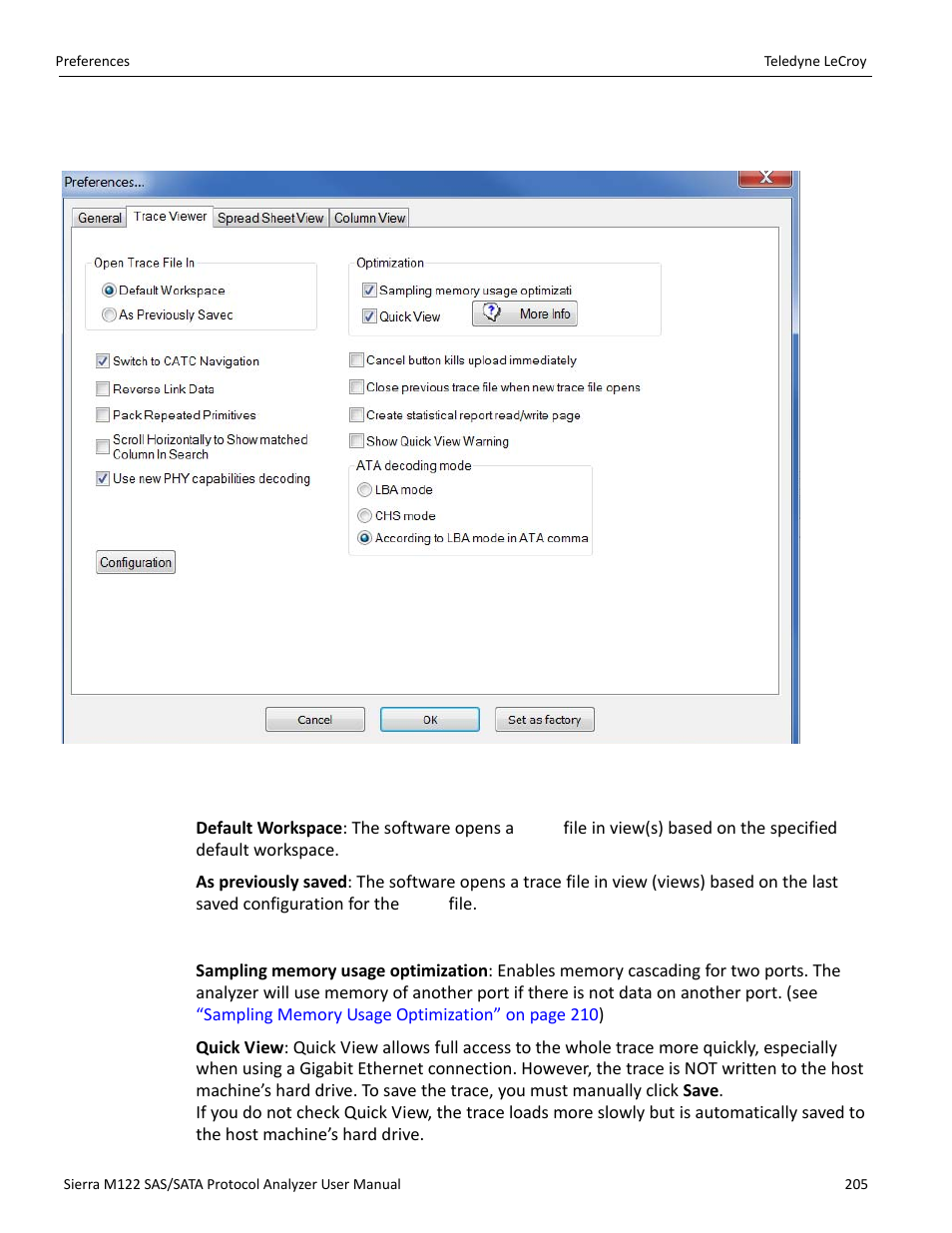 2 trace viewer tab, Open trace file in, Optimization | Teledyne LeCroy Sierra M122 User Manual User Manual | Page 207 / 385