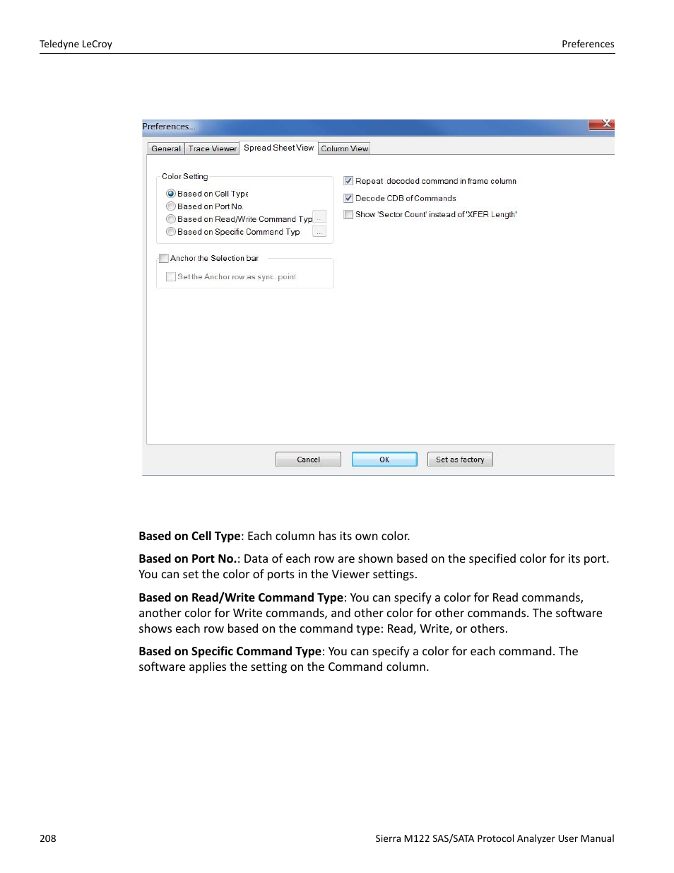 3 spread sheet view tab, Color setting | Teledyne LeCroy Sierra M122 User Manual User Manual | Page 210 / 385