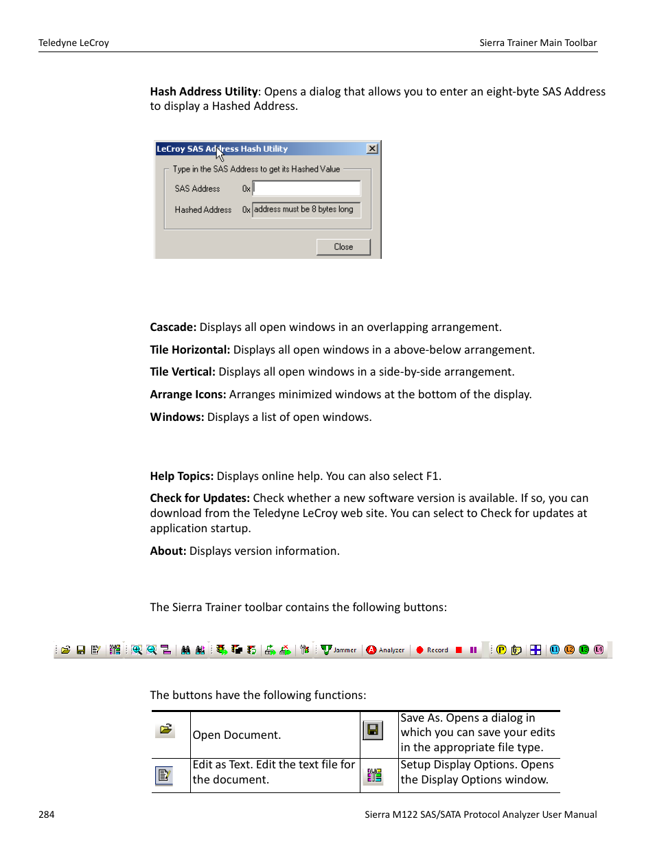 6 tools menu, 7 window menu, 8 help menu | 2 sierra trainer main toolbar | Teledyne LeCroy Sierra M122 User Manual User Manual | Page 286 / 385